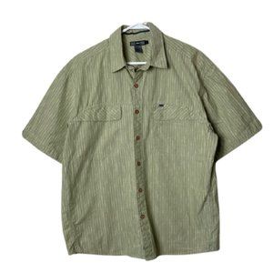 REI muted green striped cotton short sleeve button up men's M